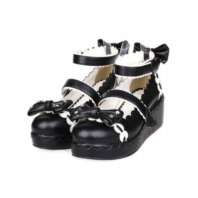 Sweet Lolita Shoes Platform Ankle Strap Bows Decor White Trim Daily Casual