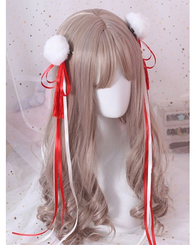 Chinese Style Lolita Hair Pin Pom Pom Tassel Bow Red Lolita Hair Accessory