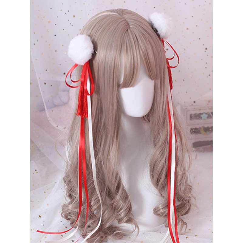 Chinese Style Lolita Hair Pin Pom Pom Tassel Bow Red Lolita Hair Accessory