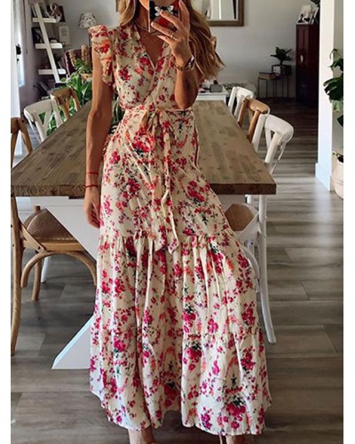 Women Long Dress V-Neck Sleeveless Lace Up Pleated Ruffles Floral Print Stretch Dress Maxi Resort Wear