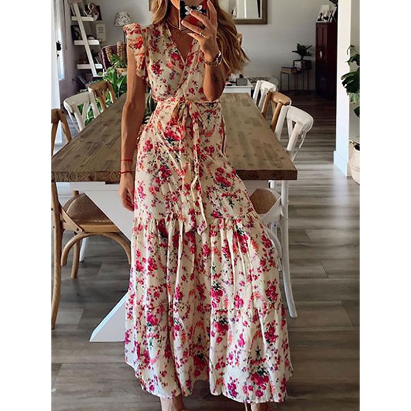 Women Long Dress V-Neck Sleeveless Lace Up Pleated Ruffles Floral Print Stretch Dress Maxi Resort Wear