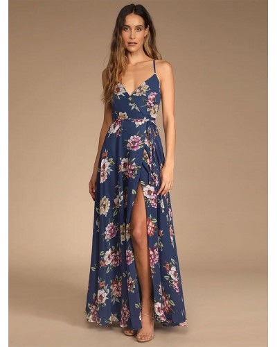 Women Maxi Dress V-Neck Sleeveless Floral Print Long Dress Casual Summer