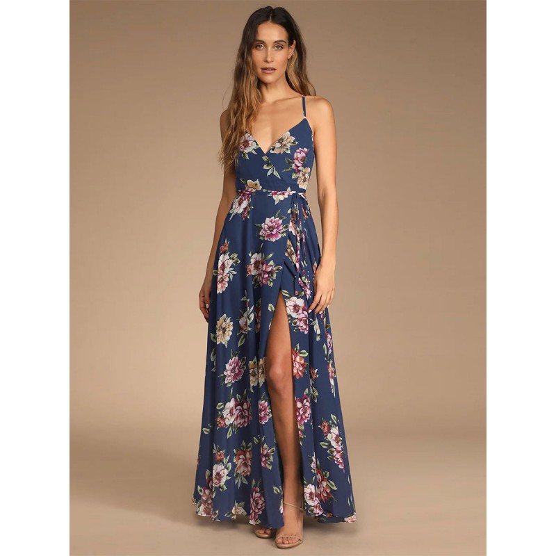 Women Maxi Dress V-Neck Sleeveless Floral Print Long Dress Casual Summer