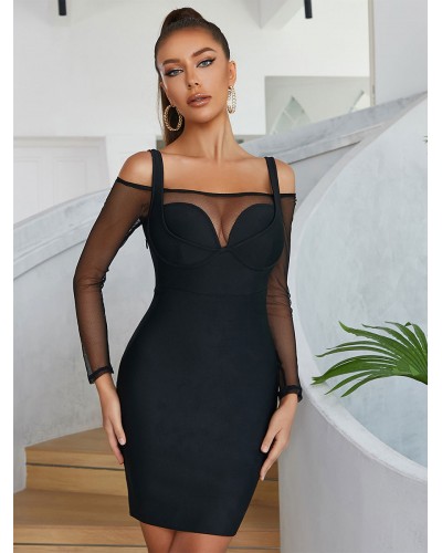 Birthday Party Dresses Black Straps Neck Zipper Long Sleeves Open Shoulder Semi Formal Dress Bodycon Night Out Rave Club