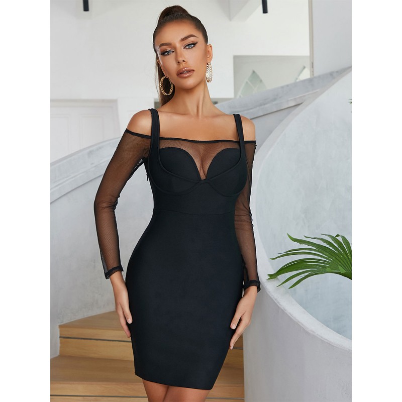 Birthday Party Dresses Black Straps Neck Zipper Long Sleeves Open Shoulder Semi Formal Dress Bodycon Night Out Rave Club