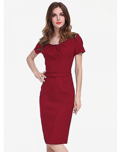 Dresses Red Short Sleeves Sash Jewel Neck Slim Fit Dress Sheath Dress Pencil Dress Bodycon