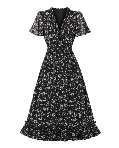 Women Vintage Dress 1950s Audrey Hepburn Style Black Floral Print Woman's Short Sleeves Rockabilly Dress Bodycon Retro Summer