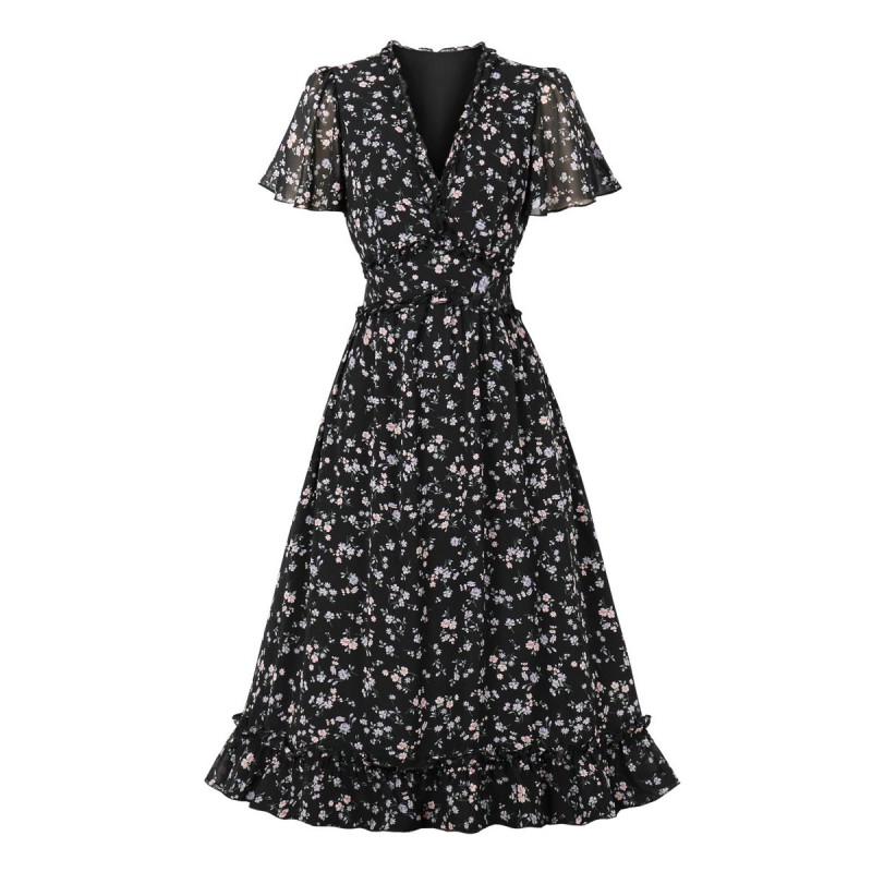 Women Vintage Dress 1950s Audrey Hepburn Style Black Floral Print Woman's Short Sleeves Rockabilly Dress Bodycon Retro Summer