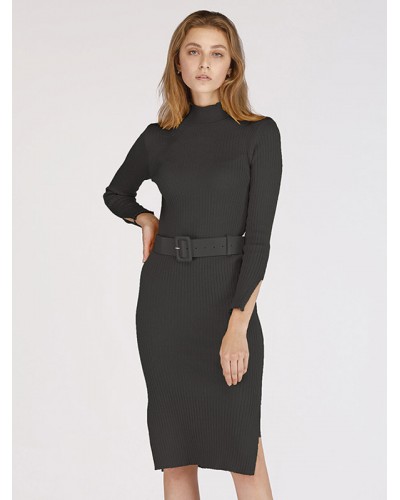 Knitted Dress Mock Neck Long Sleeves Belted Pencil Dresses Sweater Indoor Street Wear Daily Casual