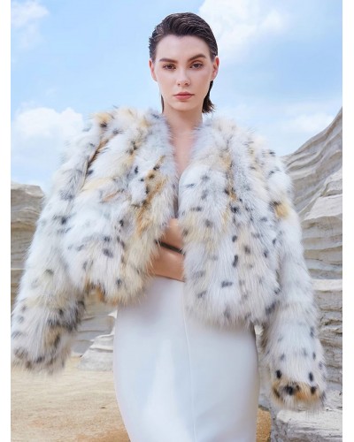 Faux Fur Coats White Long Sleeves Animal Printed Oversized Winter Coat Faux Fur Coat