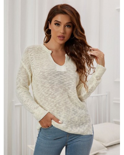 Pullover Tops White V-Neck Long Sleeves Sweaters For Women Chic  Modern Casual Street Wear Daily Casual