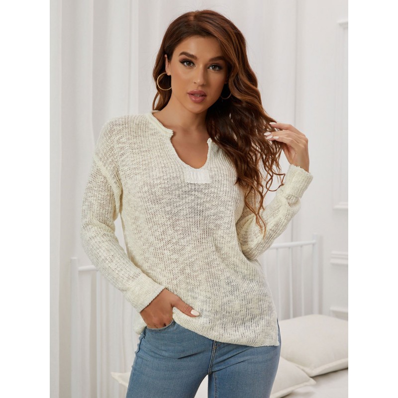 Pullover Tops White V-Neck Long Sleeves Sweaters For Women Chic  Modern Casual Street Wear Daily Casual