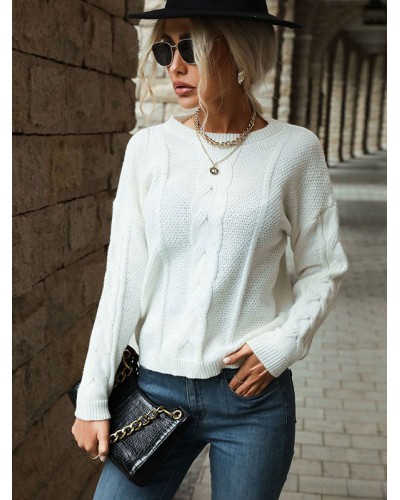 Women Pullover Sweater White Jewel Neck Long Sleeves Sweaters Casual Field