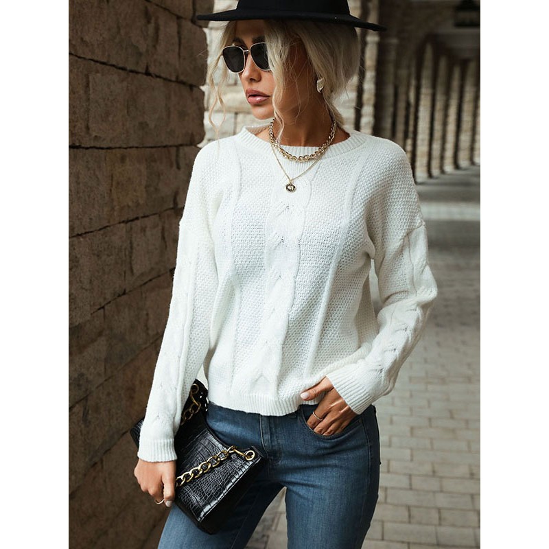 Women Pullover Sweater White Jewel Neck Long Sleeves Sweaters Casual Field