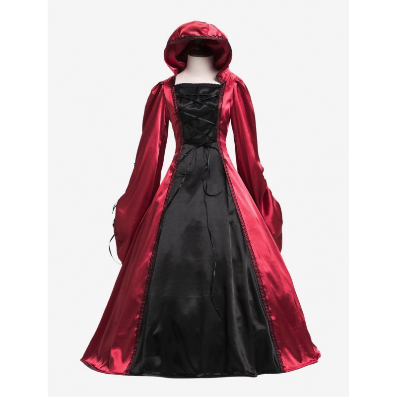 Women Retro Costume Halloween Red Victorian Dresses Vintage Long Sleeve Ball Gowns Sets Victorian Era