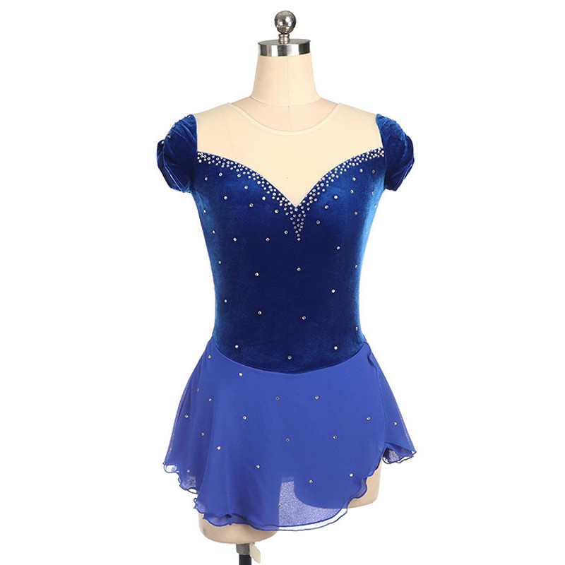 Skating Dress Royal Blue Beading Sheer Ruffle Velvet Dance Costumes Halloween