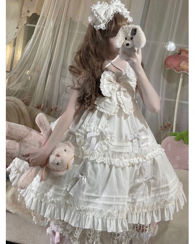 Sweet Lolita JSK Dress Polyester Sleeveless Bows Ruffles White Lolita Jumper Skirt