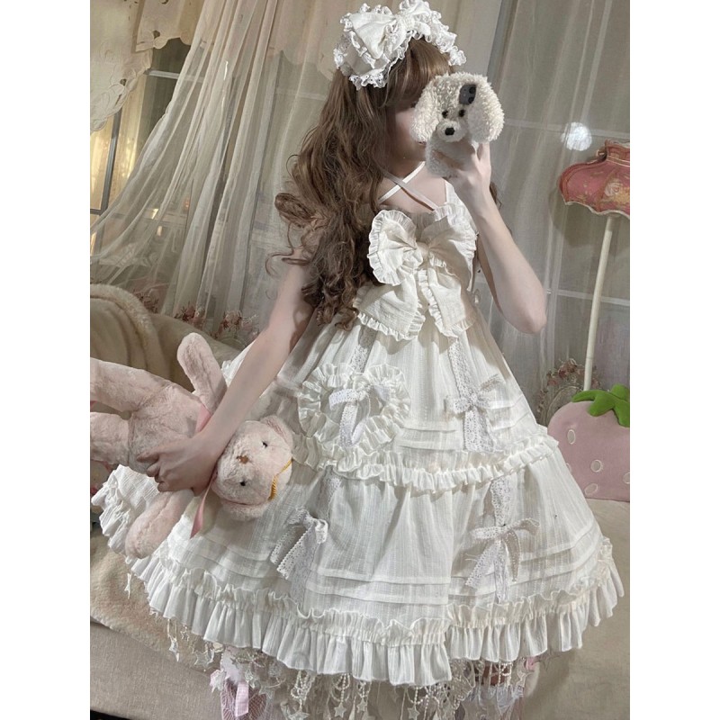 Sweet Lolita JSK Dress Polyester Sleeveless Bows Ruffles White Lolita Jumper Skirt