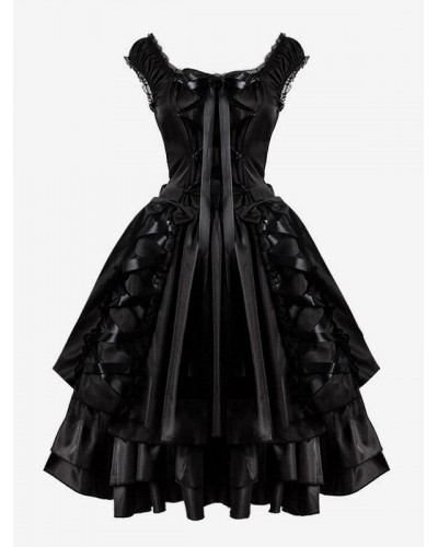 Gothic Lolita Dresses Bows Lace Up Black