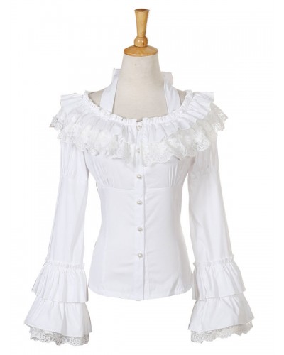 Rococo Lolita Blouse Chiffon Bell Sleeve Lace Ruffles Frills Scoop Neck White Lolita Top Spring Fall