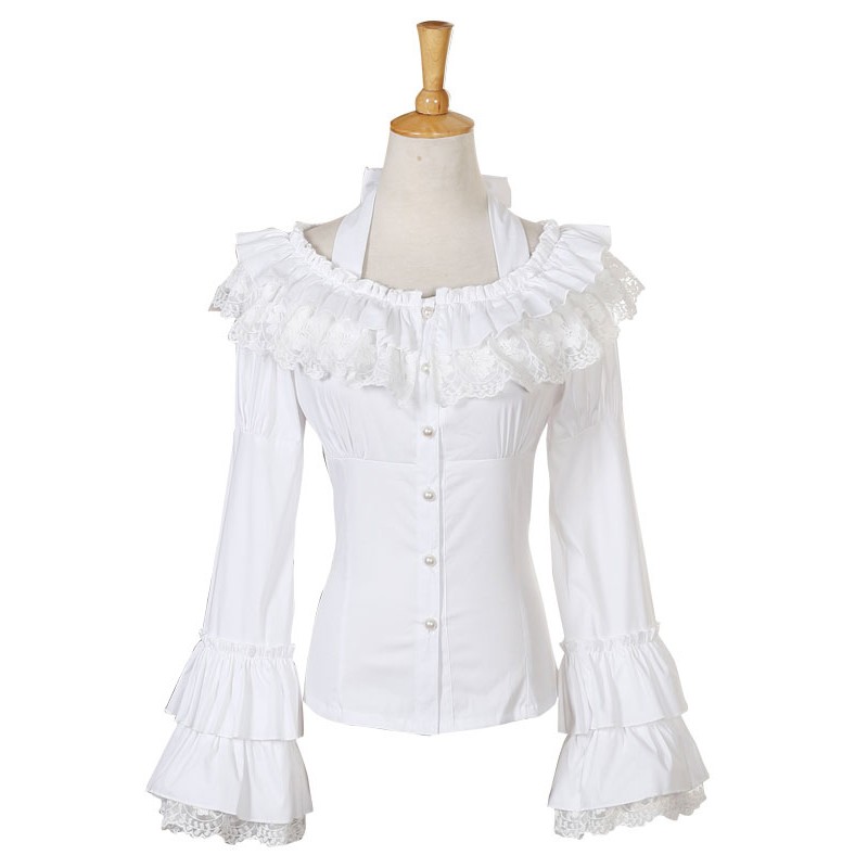 Rococo Lolita Blouse Chiffon Bell Sleeve Lace Ruffles Frills Scoop Neck White Lolita Top Spring Fall