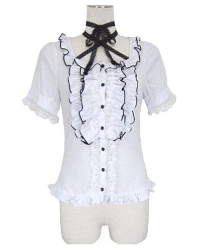 Lolita Blouses White Short Sleeve Frill Bosom Ruffles Lolita Shirts Sweet Spring Summer Fall