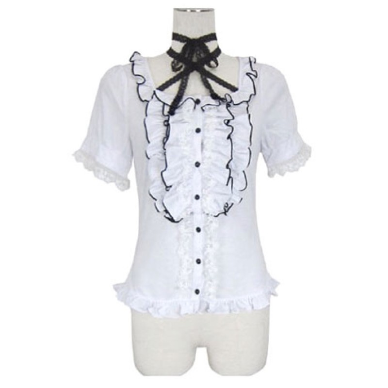 Lolita Blouses White Short Sleeve Frill Bosom Ruffles Lolita Shirts Sweet Spring Summer Fall