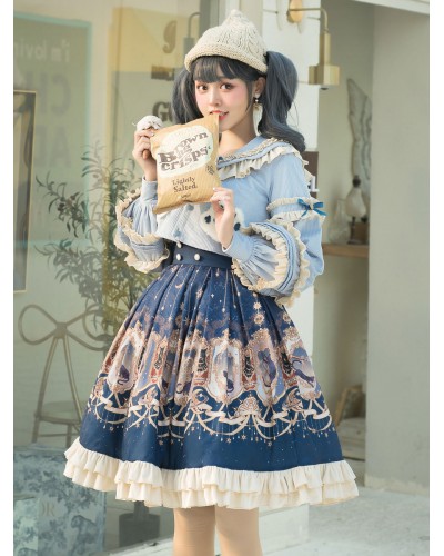 Sweet Lolita Outfits Baby Blue Animal Print Ruffles Bows Long Sleeves Top Bowknot Overskirt Set Tops Skirts Tea Party