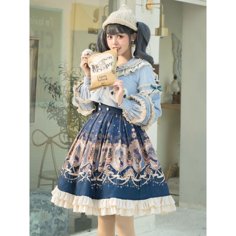 Sweet Lolita Outfits Baby Blue Animal Print Ruffles Bows Long Sleeves Top Bowknot Overskirt Set Tops Skirts Tea Party