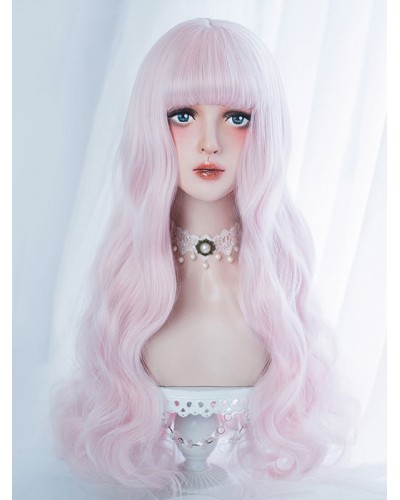 Sweet Lolita Wig Harajuku Blunt Bang Tousled Body Wave Soft Pink Lolita Wig Tea Party