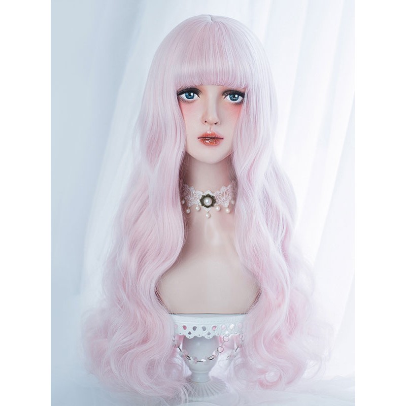 Sweet Lolita Wig Harajuku Blunt Bang Tousled Body Wave Soft Pink Lolita Wig Tea Party