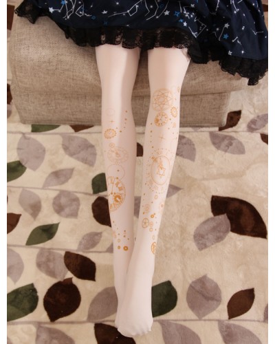 White Lolita Pantyhose Clock Travel Hot Stamping 100D Velvet Lolita Stocking