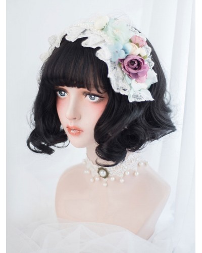 Black Lolita Wig Blunt Bang Full Volume Curl Tousled Short Lolita Wig Wigs Harajuku Fashion