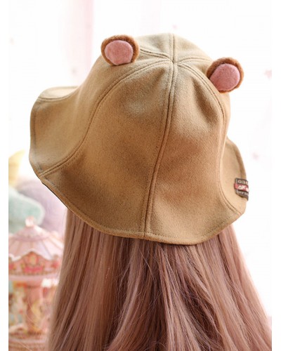 Sweet Lolita Bucket Hat Bear Ear Felt Camel Lolita Cap