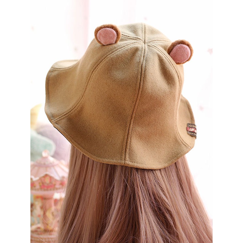 Sweet Lolita Bucket Hat Bear Ear Felt Camel Lolita Cap