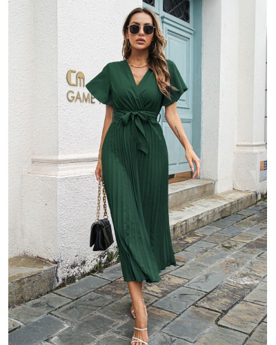 Lace Up V-Neck Short Sleeves Midi Dress Fashionable Dress Dating