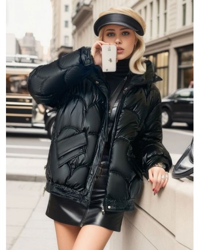 Puffer Coats Stand Collar Zipper Long Sleeves Winter Outerwear Quilted Coat