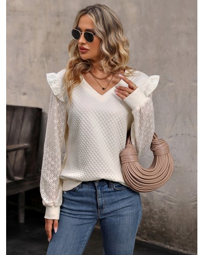 Women Long Sleeves Tees Apricot Polyester Sheer Ruffles Lace V-Neck T Shirt Casual Spring Fall