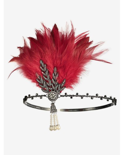 Women 1920s Great Gatsby Accessory Flapper Headband Red Feathers Rhinestone Hairpiece Vintage