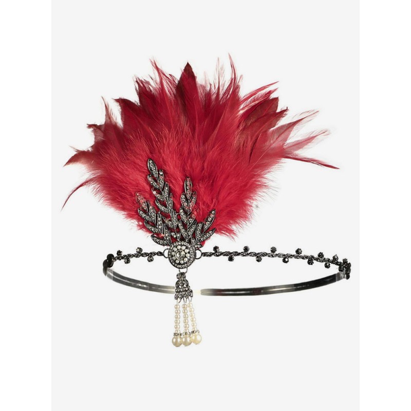 Women 1920s Great Gatsby Accessory Flapper Headband Red Feathers Rhinestone Hairpiece Vintage