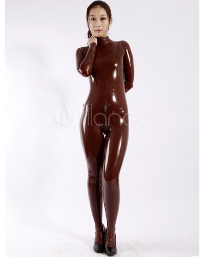 Halloween Sexy Latex Catsuit Coffee Brown Leotard Unisex Halloween Bodysuit