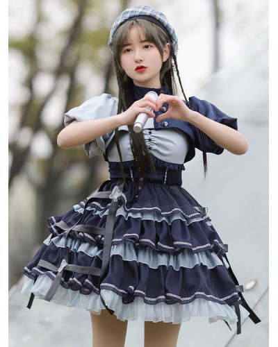 Lolita JSK Dress 2-Piece Set Blue Navy Two Tone Pattern Ruffles Jumper Skirt Overcoat Idol Lolita Dress Sweet Idol clothes Spring Summer