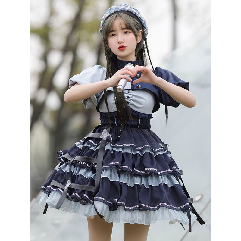 Lolita JSK Dress 2-Piece Set Blue Navy Two Tone Pattern Ruffles Jumper Skirt Overcoat Idol Lolita Dress Sweet Idol clothes Spring Summer