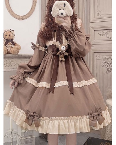 Sweet Lolita OP Dress Polyester Long Sleeves Ruffles Bows Brown Lolita One Piece Dress