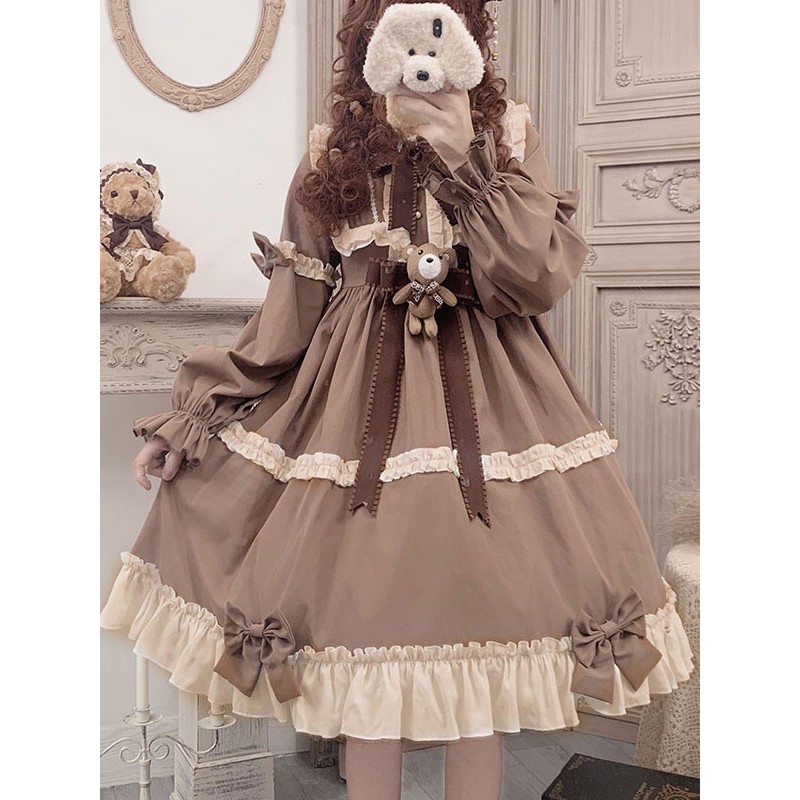 Sweet Lolita OP Dress Polyester Long Sleeves Ruffles Bows Brown Lolita One Piece Dress