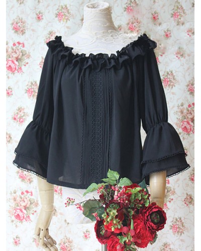 Classic Lolita Blouses Chiffon Bell Sleeve Ruffles Black Lolita Top Tops Classic  Traditional Daily Casual