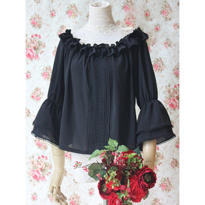 Classic Lolita Blouses Chiffon Bell Sleeve Ruffles Black Lolita Top Tops Classic  Traditional Daily Casual