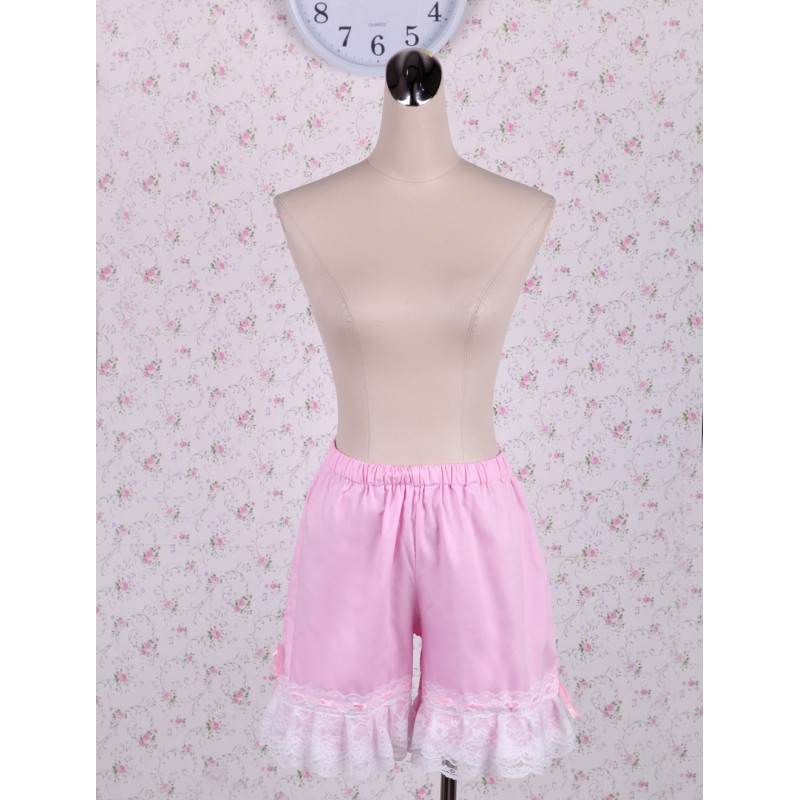 Cotton Pink Lolita Bloomers Shirring Lace Trim