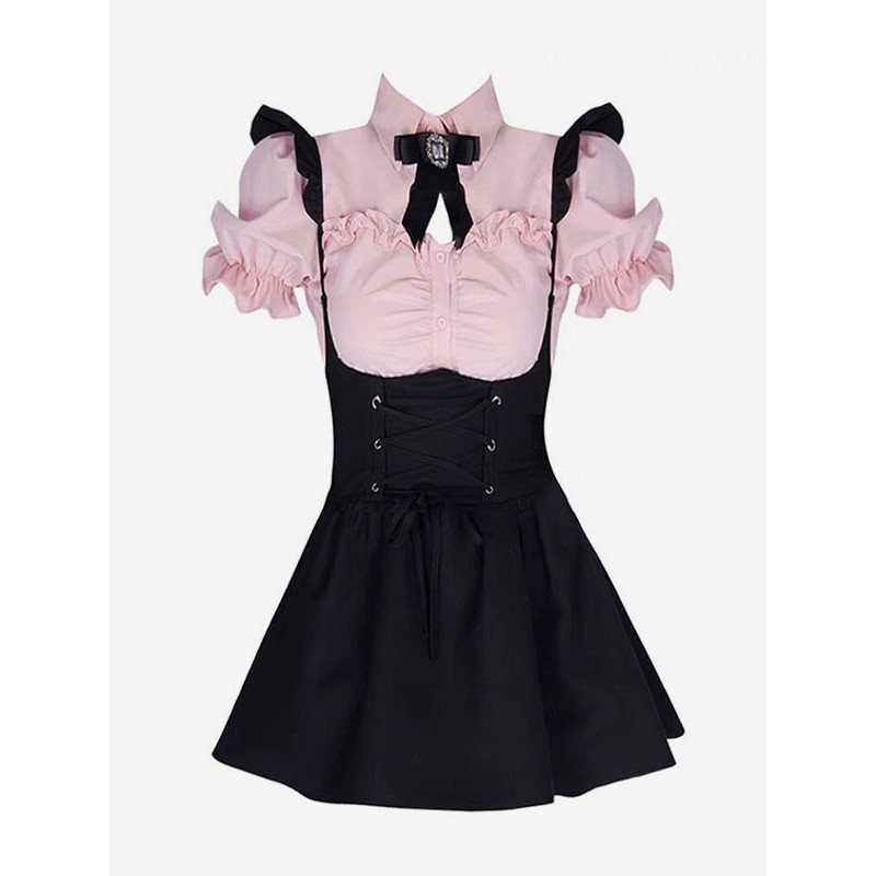 Lolita Outfits Black Lace Up Ruffles Short Sleeves Blouse Jumper Steampunk Gothic