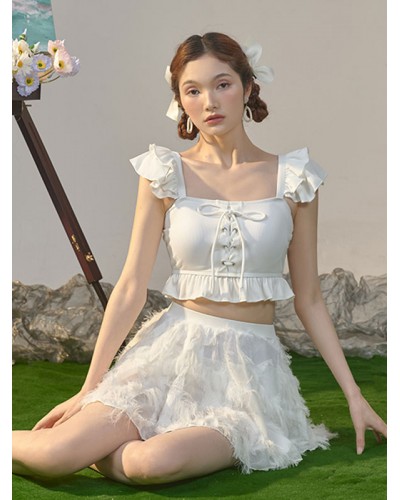 Lolita Outfits White Ruffles Lace Up Sleeveless Pants Top Sweet